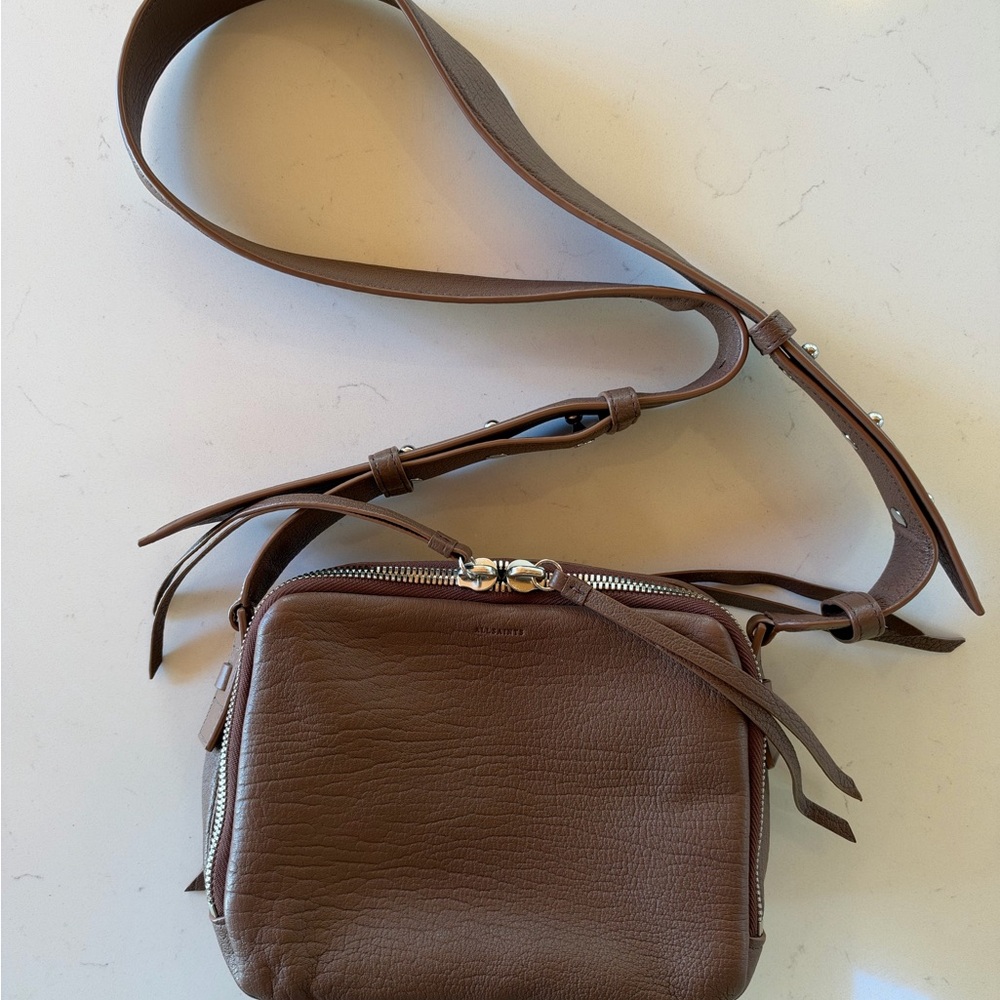 AllSaints Vincent Brown Leather Double Zip Crossbody Camera Bag